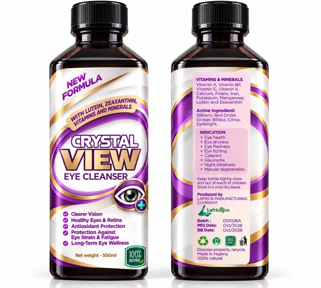 Crystal View Eye Cleanser bottle, front and back packaging